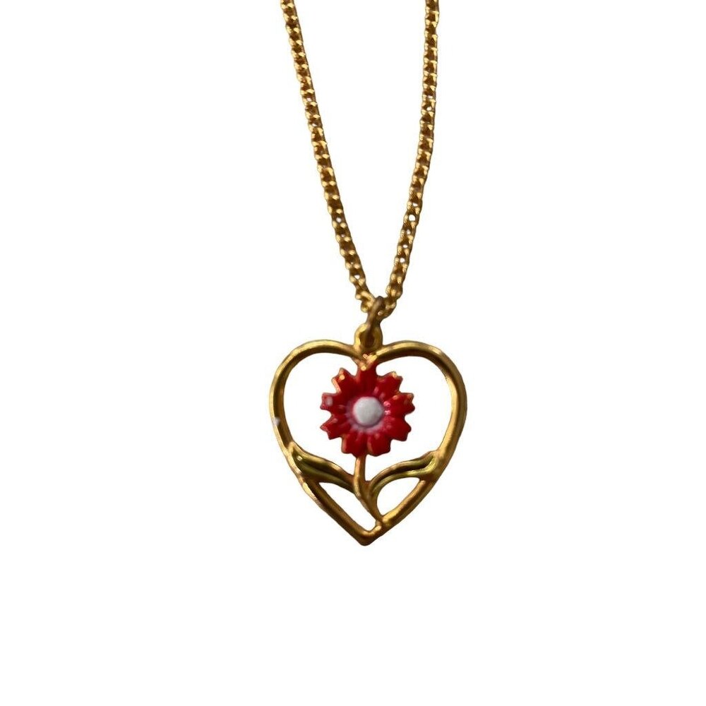 Goldtone Necklace Floral 1" Heart Pendant on 19" Chain Red White - Picture 1 of 13
